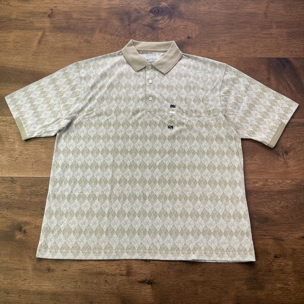 Vintage NEW Haggar Golf Mens XL Tan Argyle Diamond Pattern Polo Shirt Cotton